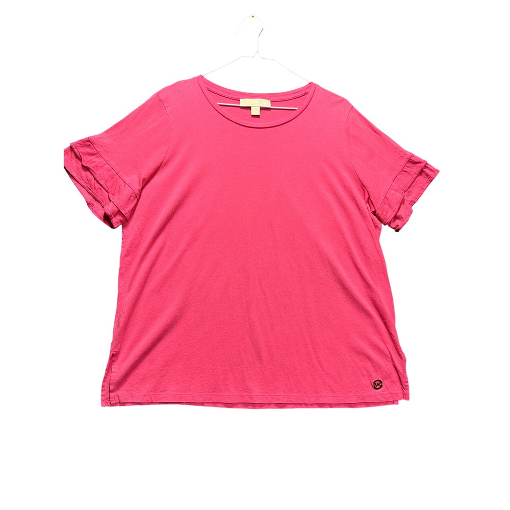 Michael Kors Ruffle Sleeve Top Women XL Pink Crew Neck Short Sleeve Logo